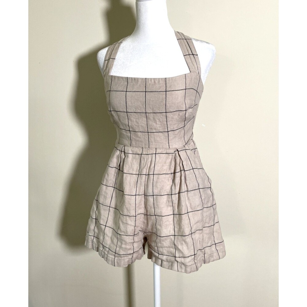 Anthropologie Rumer Plaid Linen Playsuit Short Romper XS Barbie Core Boho Preppy